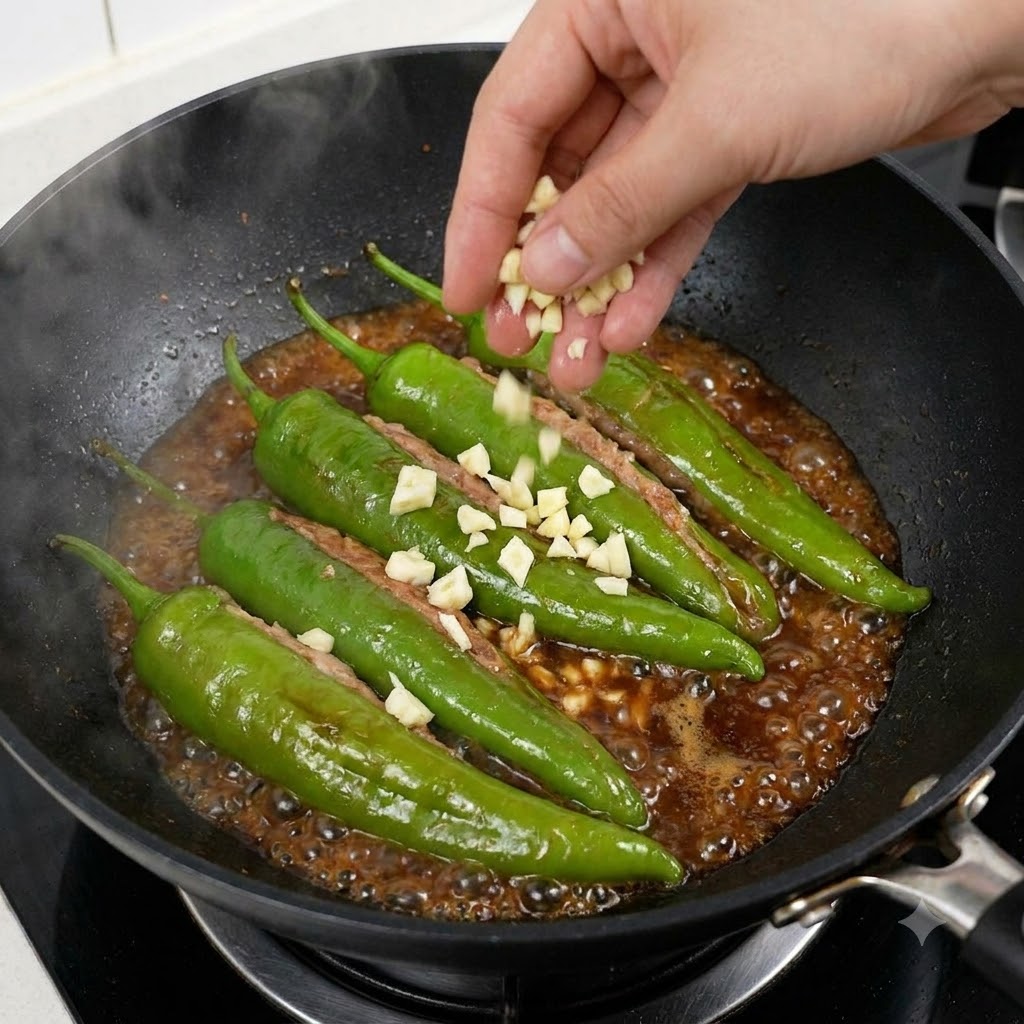 Ajo picado, chiles rojos picados y semillas de sésamo blanco esparciéndose sobre los pimientos verdes rellenos que hierven a fuego lento en un wok.