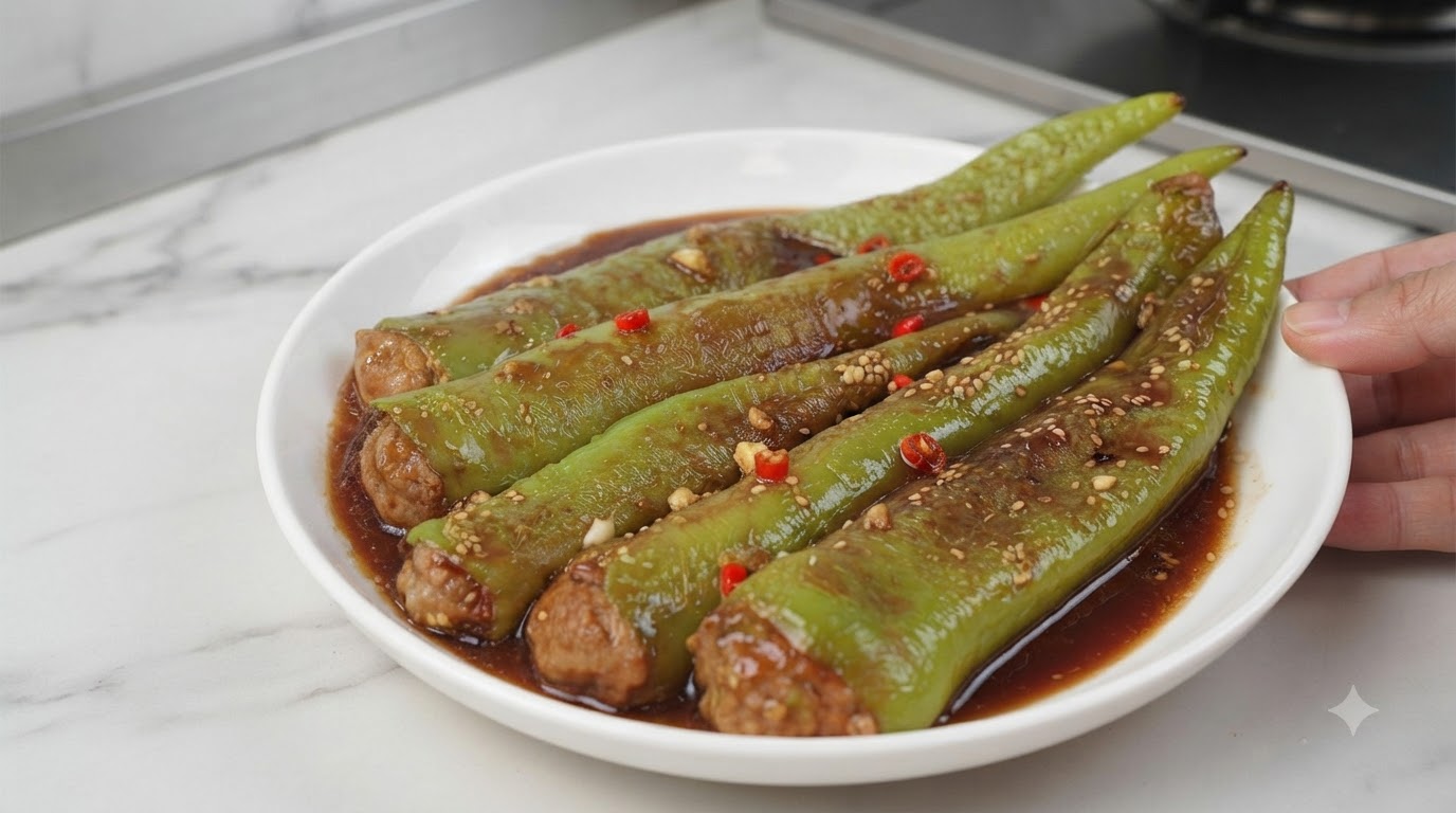 Pimientos verdes rellenos salteados con salsa sabrosa