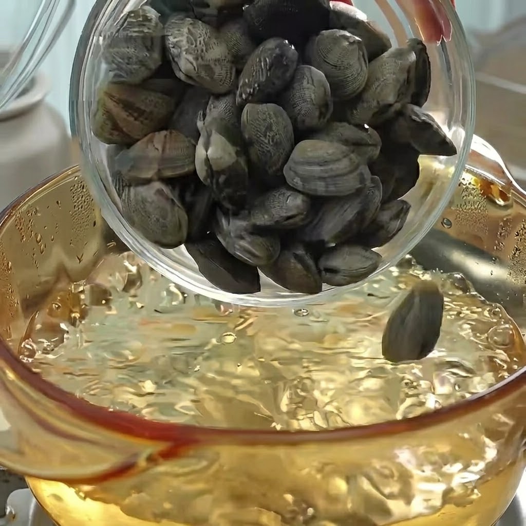 Almejas vertidas en una olla con agua hirviendo para cocinar y hacer caldo.