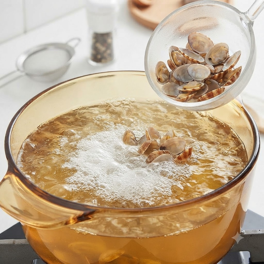 Un cucharón sacando almejas cocidas de una olla con caldo hirviendo.