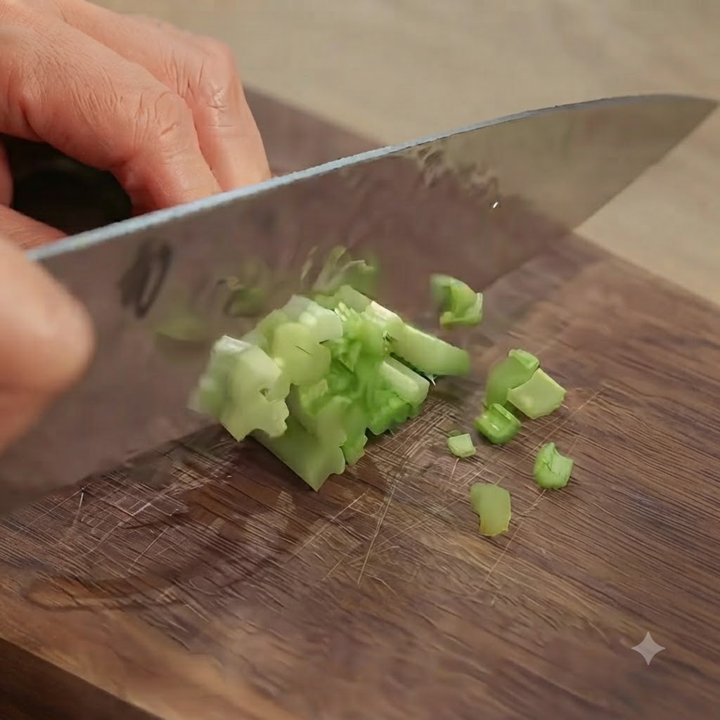 Papas siendo cortadas en cubos pequeños sobre una tabla de madera con un cuchillo.