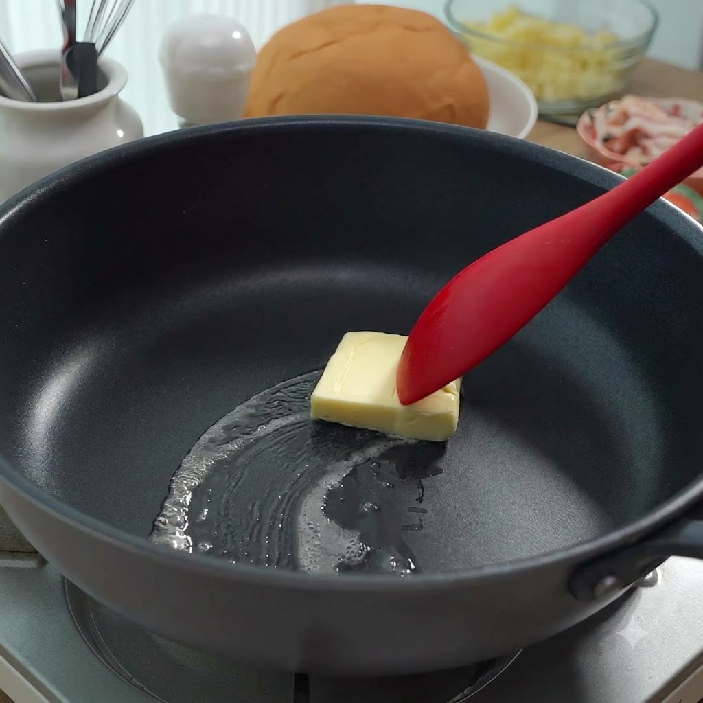 Mantequilla derritiéndose en una sartén con harina siendo incorporada con una espátula roja.