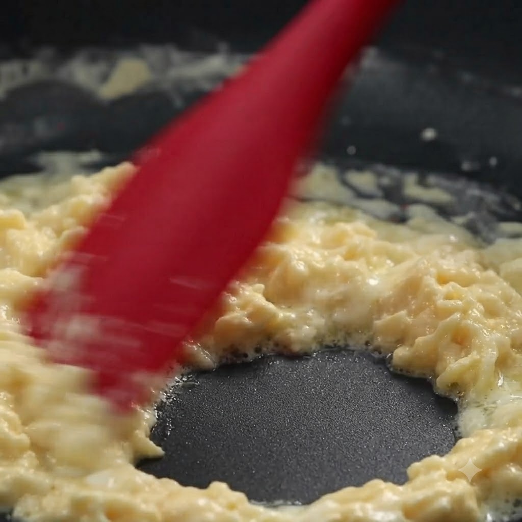 Leche y crema espesa siendo incorporadas en un roux espeso dentro de una sartén usando una espátula.