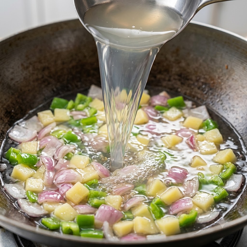 Caldo de almejas siendo vertido desde un cucharón en una sartén llena de vegetales picados y tocino.