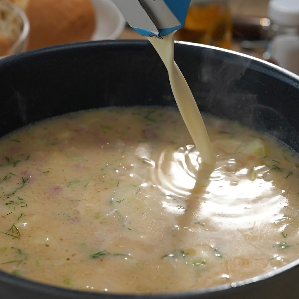 Leche y crema espesa siendo vertidas desde un cartón a una olla hirviendo con sopa de almejas cremosa.