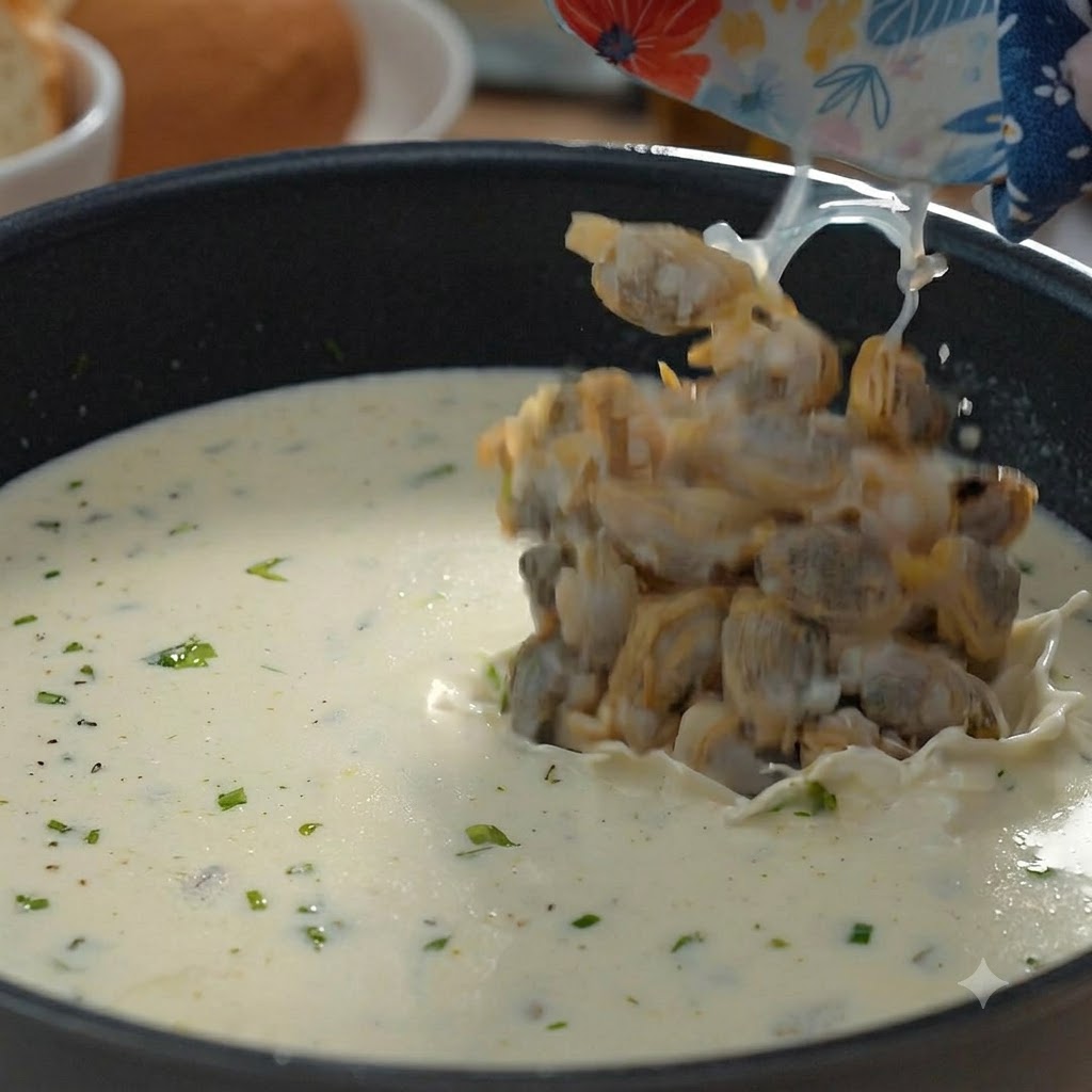 Carne de almeja siendo vertida desde un tazón a una olla de sopa blanca cremosa.