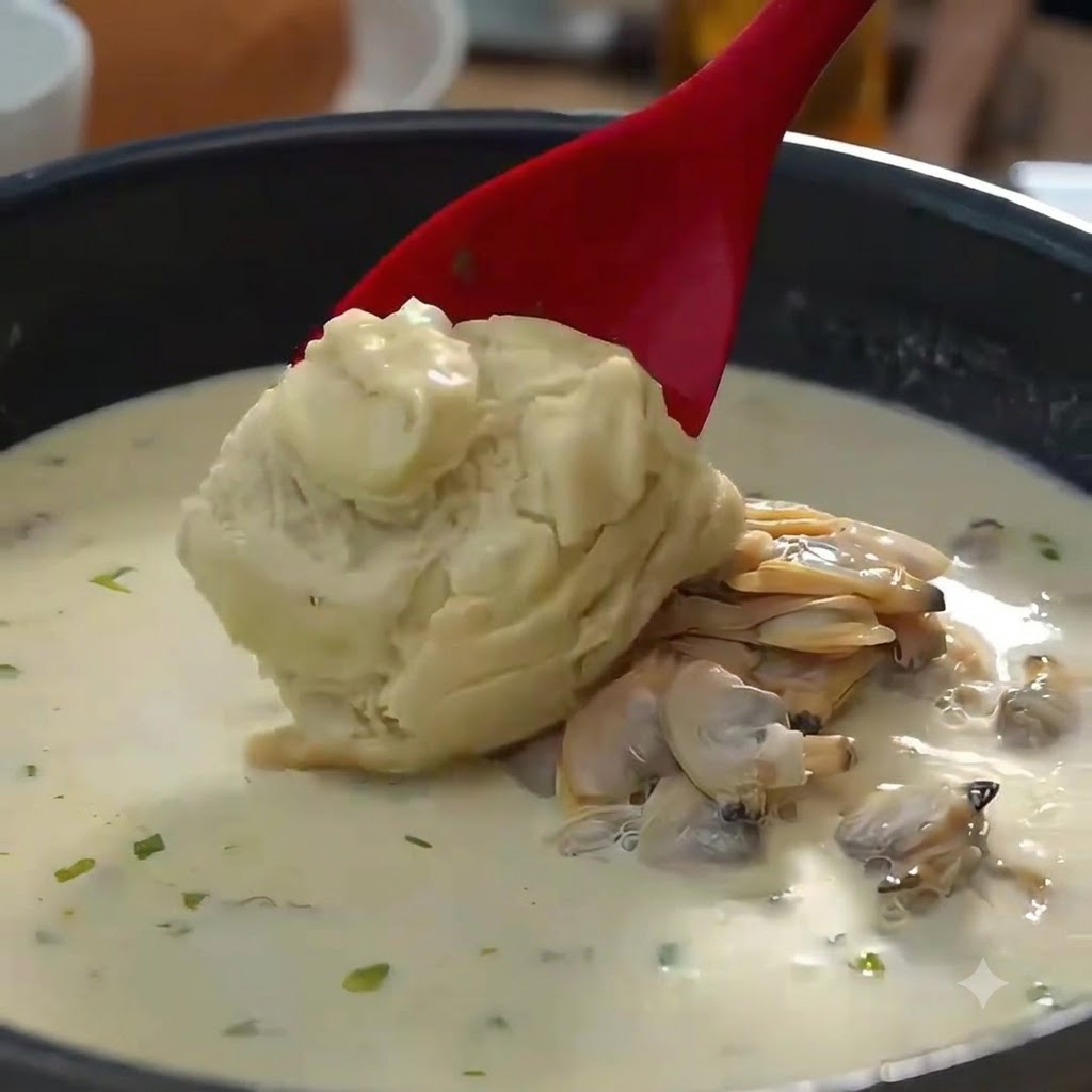Una cuchara roja tomando salsa blanca hacia una olla llena de sopa cremosa y almejas.