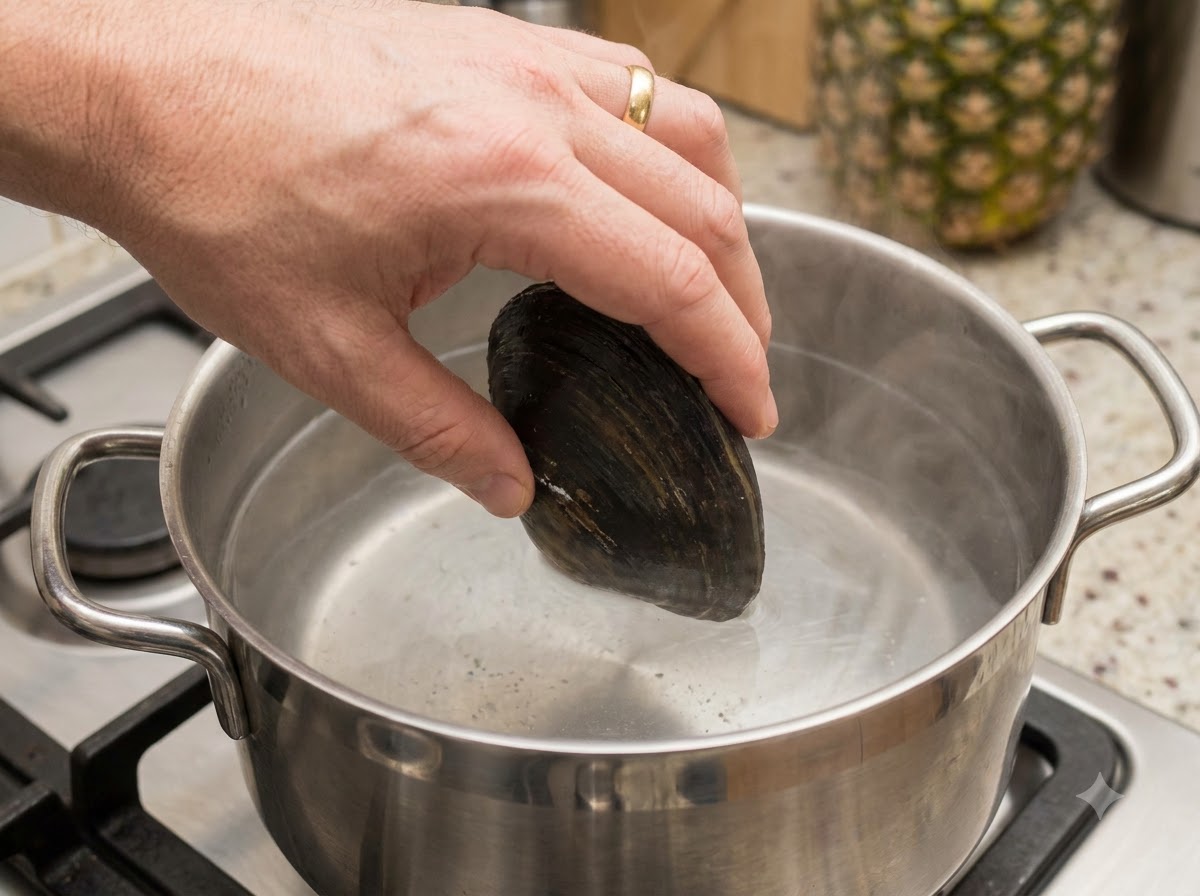 Almejas y mejillones de labios verdes colocándose en agua hirviendo dentro de una olla.