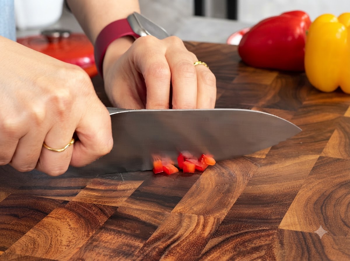 Pimientos rojos y amarillos cortándose uniformemente en cubitos con un cuchillo afilado sobre una tabla de cortar de madera.