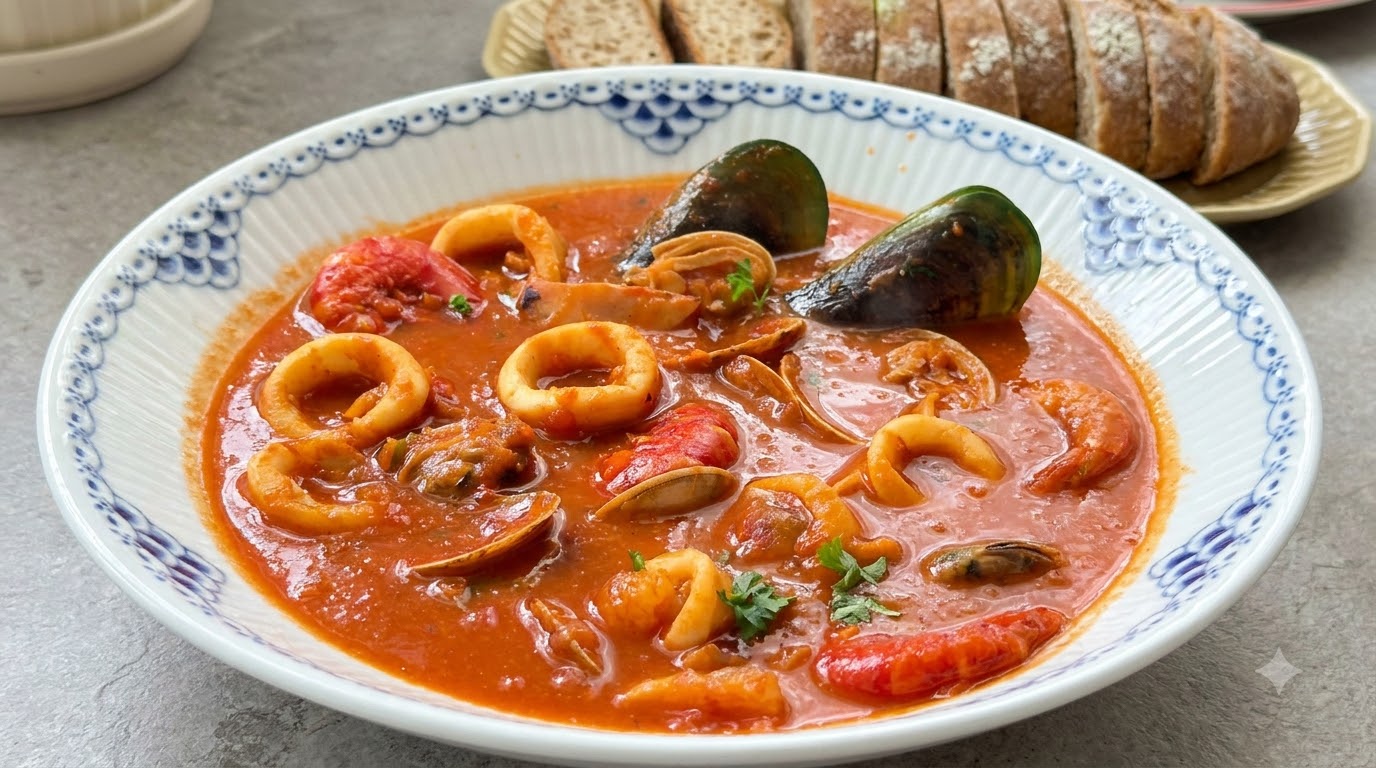 Un plato de cerámica lleno de vibrante sopa de mariscos española roja que contiene mejillones, almejas, aros de calamar y camarones, adornada con perejil fresco y servida junto a pan crujiente.
