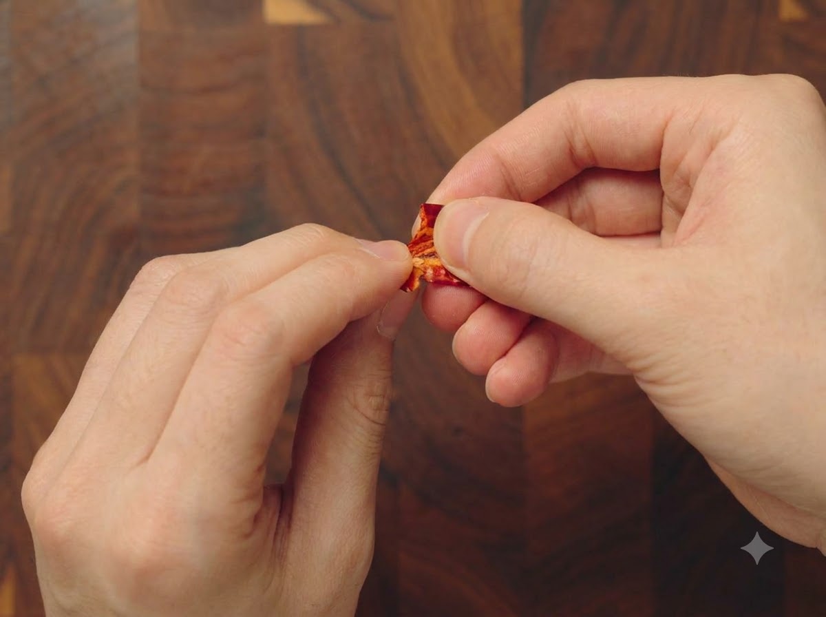 Primer plano de unas manos separando chiles rojos secos para quitarles las semillas sobre una tabla de cortar.