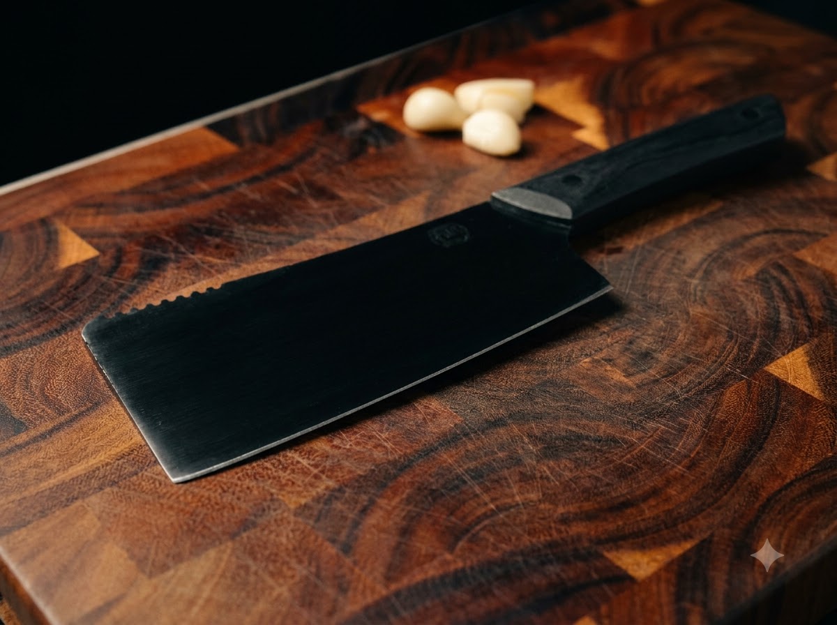Un cuchillo de hoja ancha con mango negro presionando dientes de ajo pelados sobre una tabla de madera oscura.