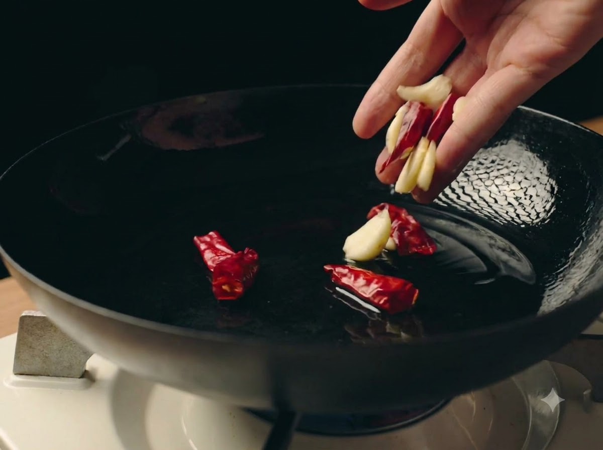 Dientes de ajo aplanados y chiles secos friéndose en aceite caliente dentro de una sartén negra.