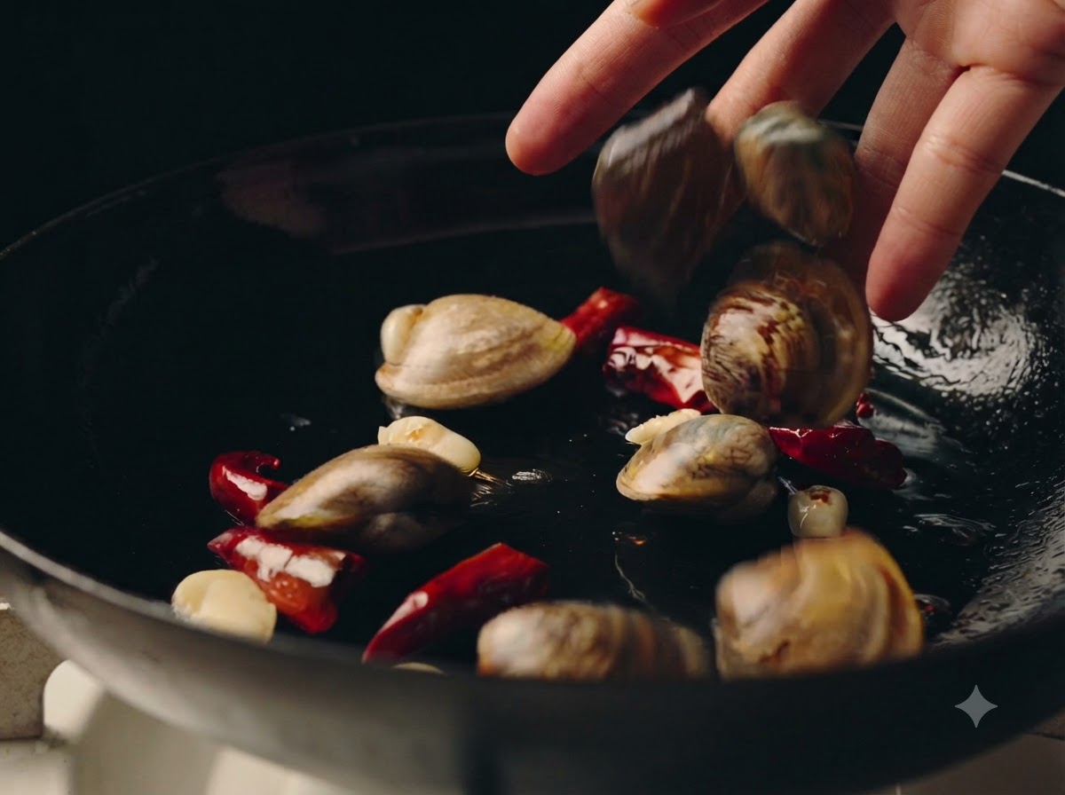 Almejas frescas echadas a mano en una sartén caliente que contiene dientes de ajo y chiles secos.