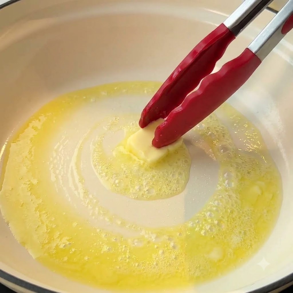 Un trozo de mantequilla derritiéndose en una sartén caliente siendo revuelto con pinzas rojas.