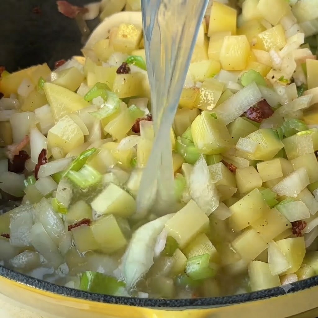 Caldo de almejas siendo vertido desde un recipiente en una sartén con verduras mixtas picadas.