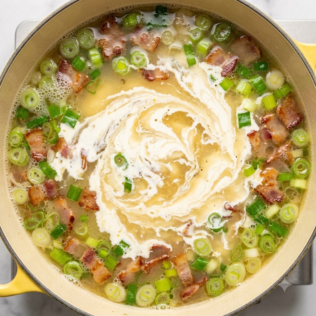 Crema de leche siendo mezclada suavemente en la base de sopa de verduras a fuego lento.