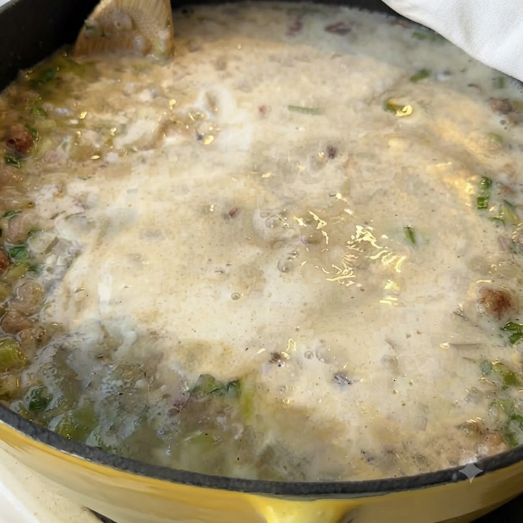 Almejas siendo mezcladas en la olla de sopa cremosa.