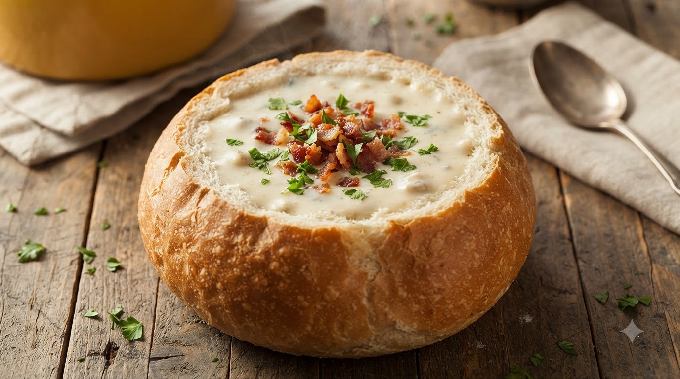 Clam Chowder Clásico al Estilo de Nueva Inglaterra en Tazón de Pan