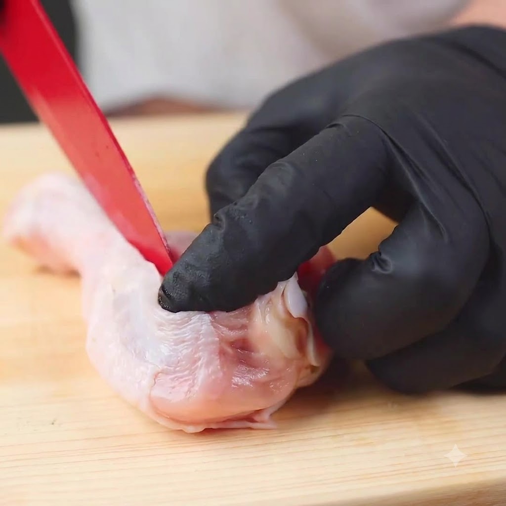 Un cuchillo pequeño separando cuidadosamente la carne del hueso de un muslo de pollo crudo sobre una tabla de madera.