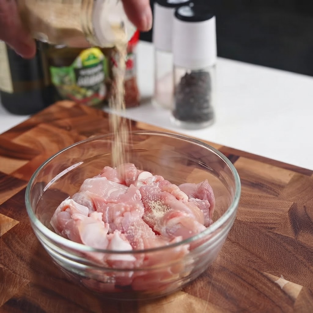 Especias siendo vertidas sobre trozos de pollo crudo picado dentro de un tazón de vidrio transparente.