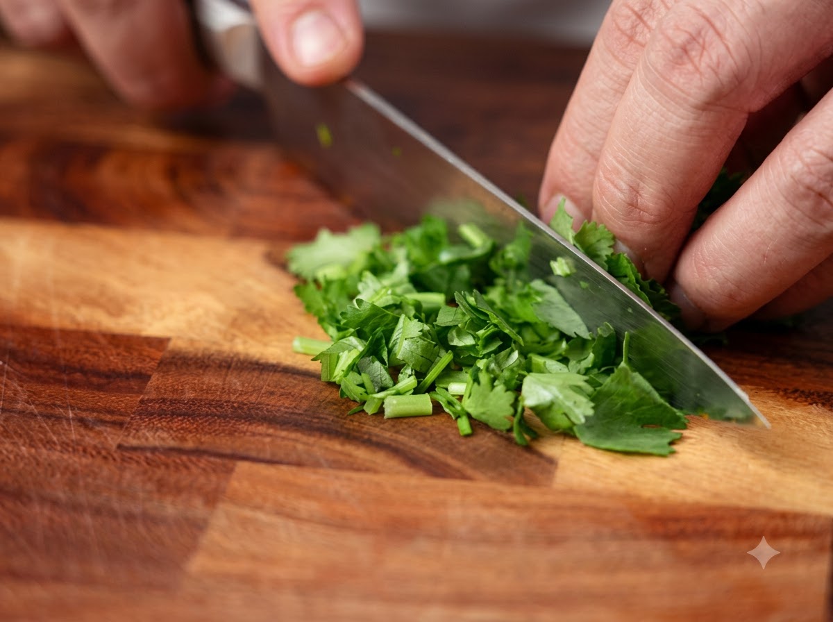 Un cuchillo de chef afilado picando finamente cilantro verde fresco en una superficie de corte de madera.