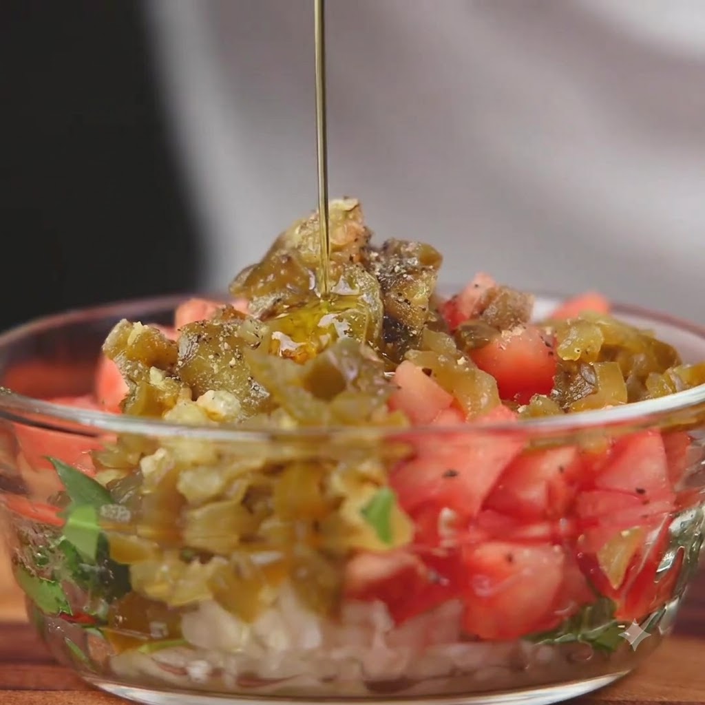 Aceite de oliva siendo vertido sobre un tazón recién mezclado de tomates, cebollas y chiles picados.