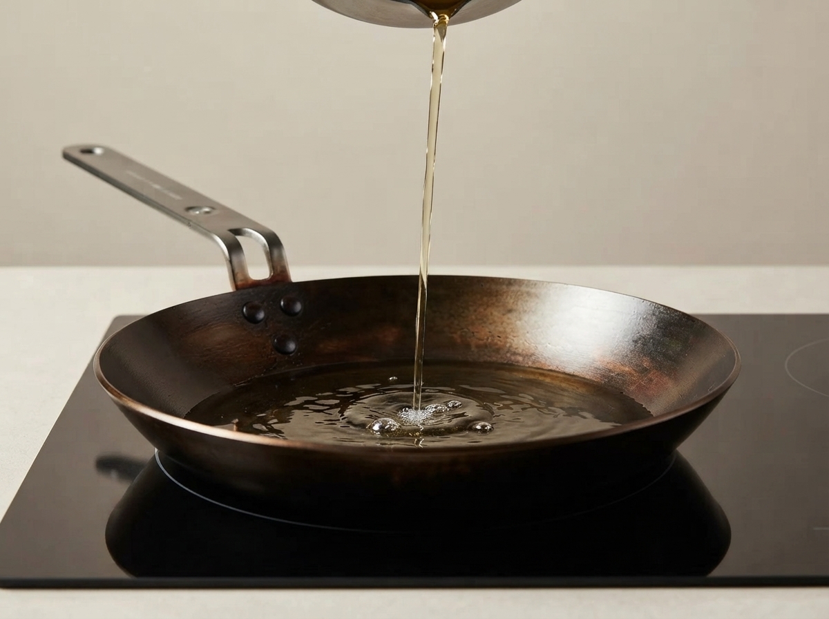 Aceite de cocina siendo vertido en una sartén metálica oscura caliente sobre una estufa.
