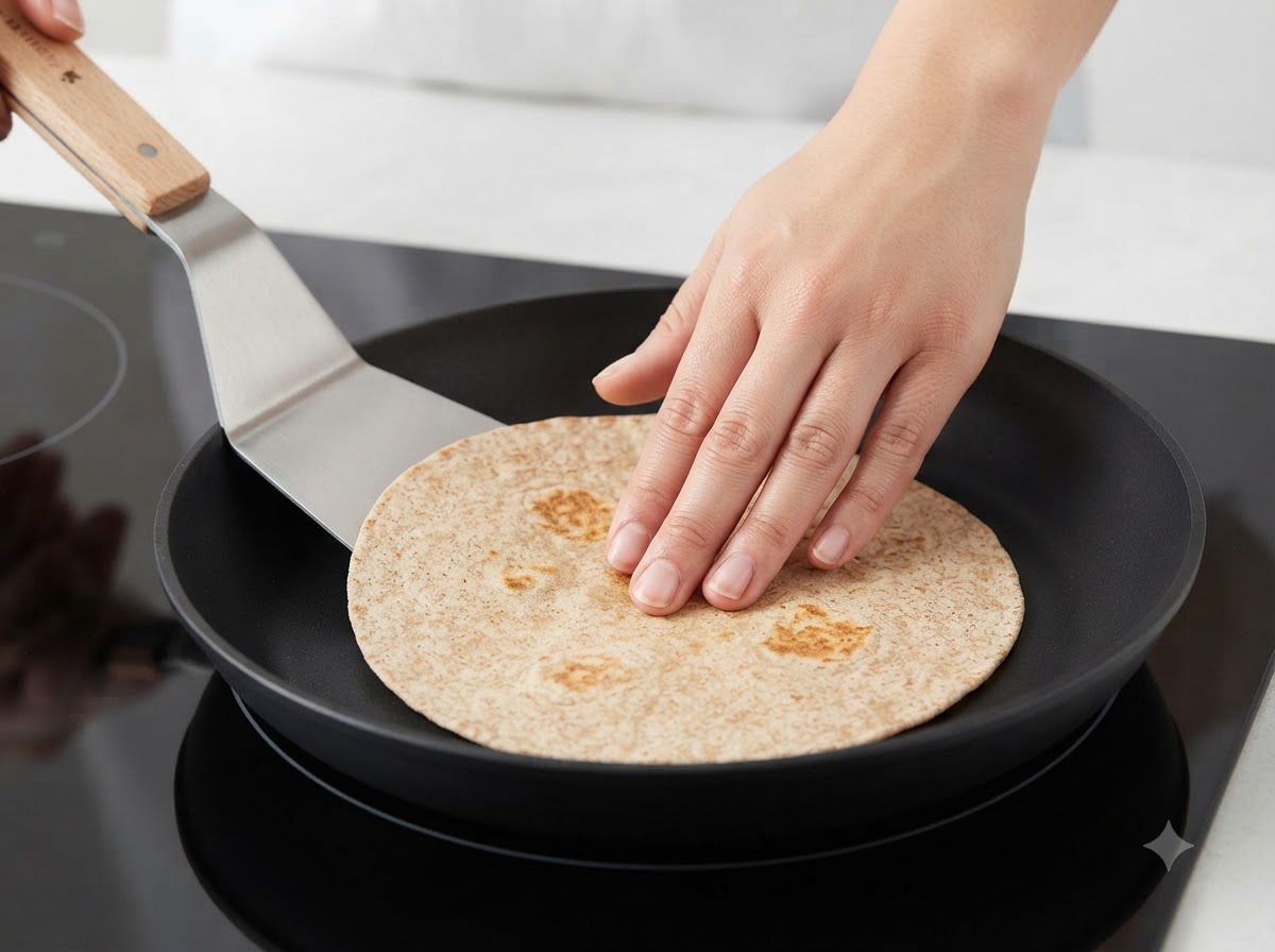 Una mano presionando una tortilla integral calentándose en una sartén plana negra con una espátula.
