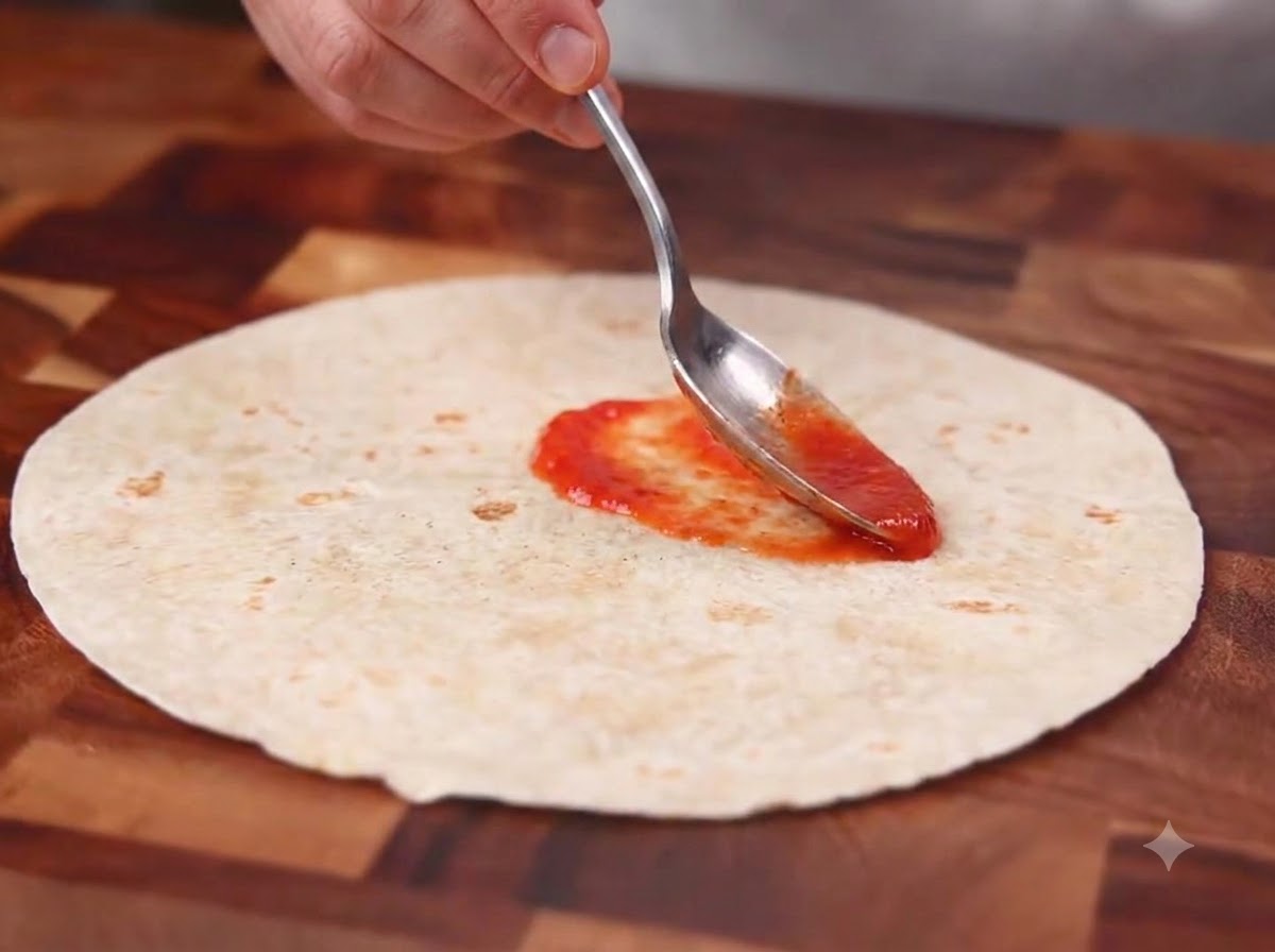 Una cucharada de salsa de chile mexicano siendo esparcida uniformemente sobre una tortilla integral plana en una tabla de cortar de madera.