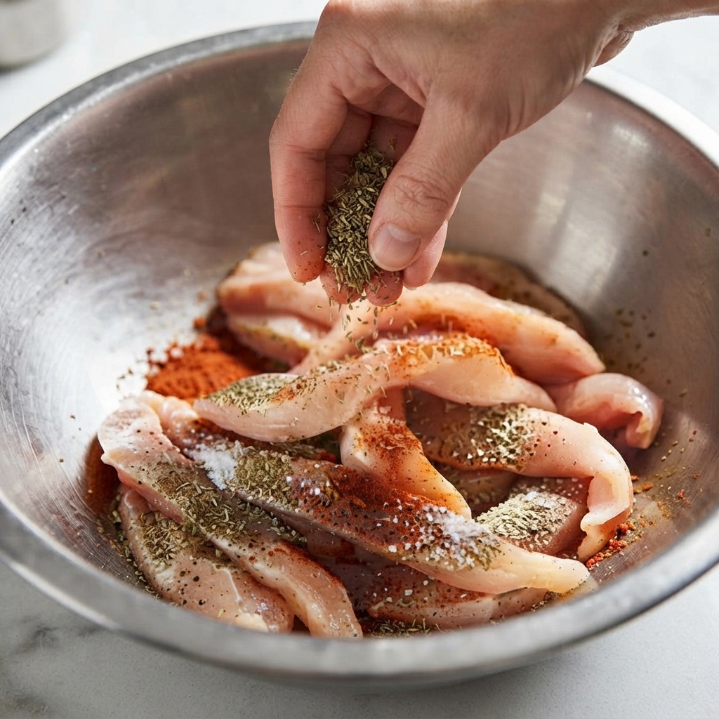 Una mano mezclando tiras de pechuga de pollo sazonadas con especias en un tazón de acero inoxidable.