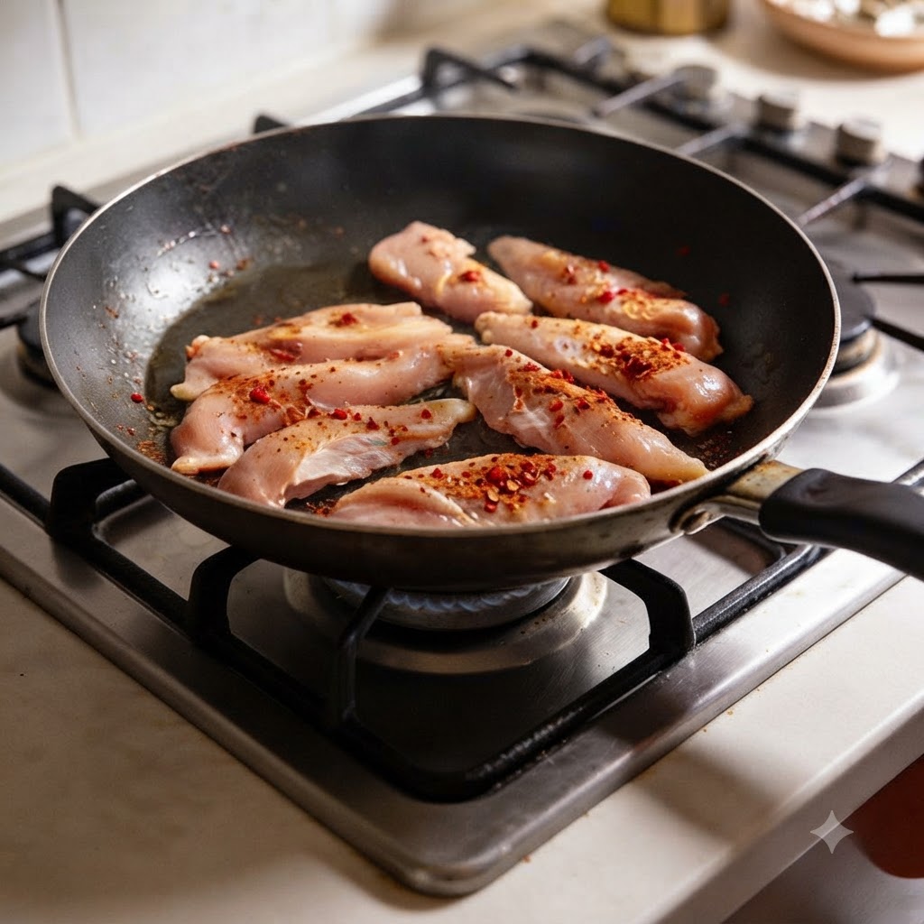 Tiras de pollo sazonadas friéndose en una sartén negra caliente sobre una estufa.