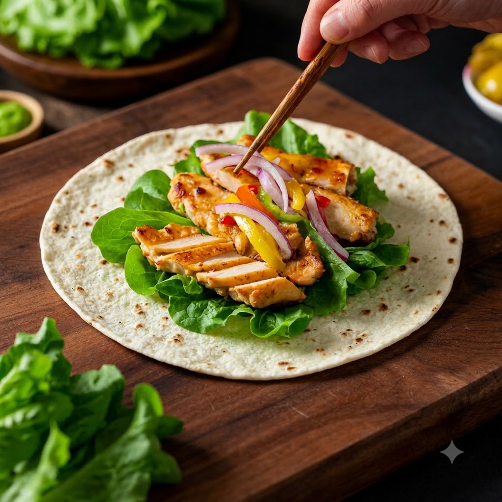 Colocando capas de lechuga, pollo cocido y verduras salteadas sobre una tortilla de harina en una tabla de madera.