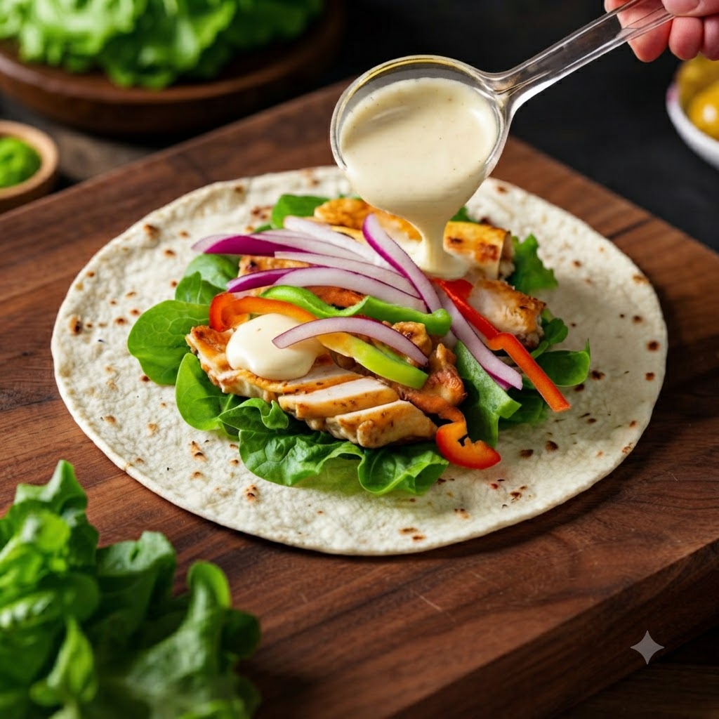 Vertiendo aderezo para ensalada con una cuchara sobre el relleno de pollo y verduras en una tortilla.