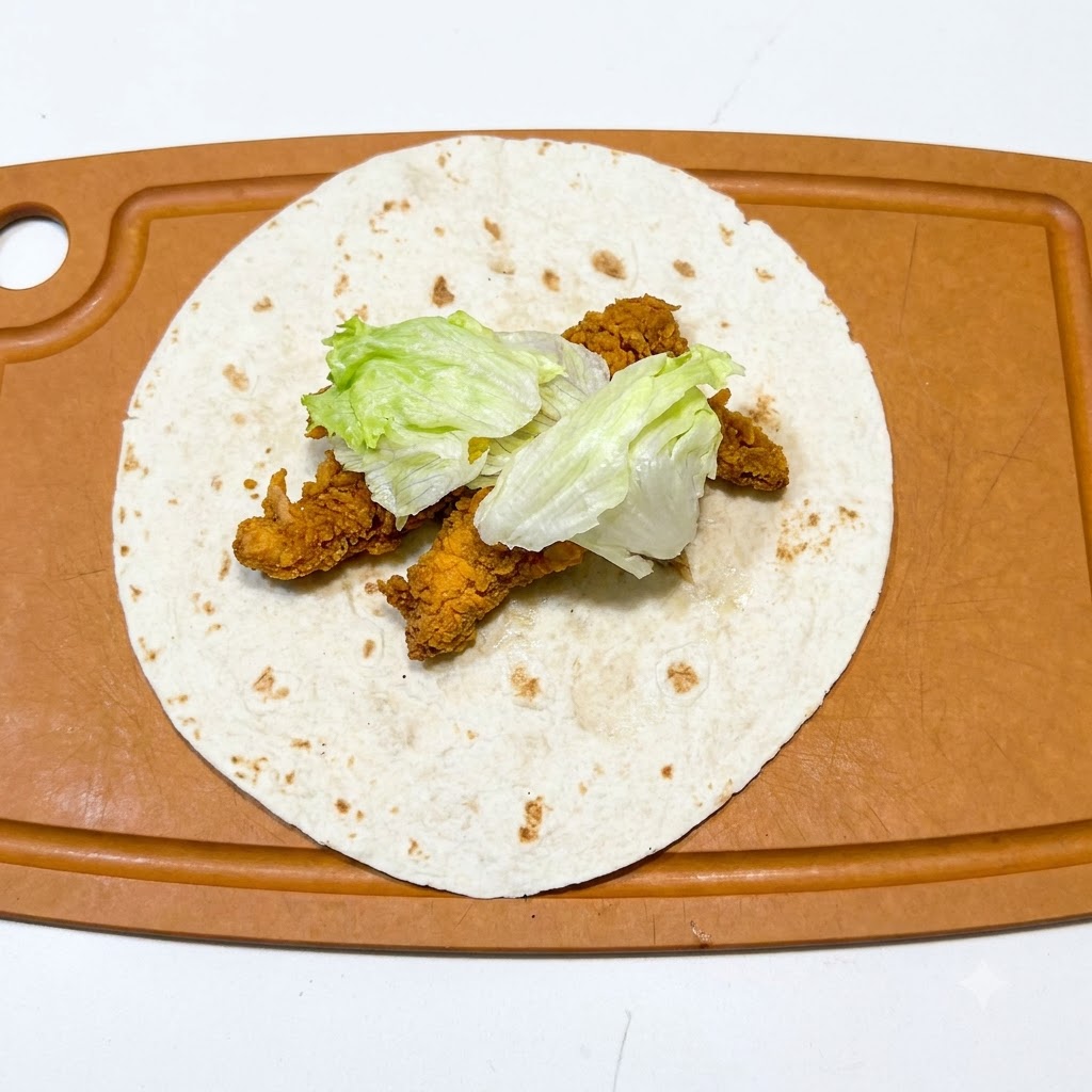 Una tortilla en una tabla de cortar cargada con tiras de pollo cocido y hojas de lechuga verde recién picadas.