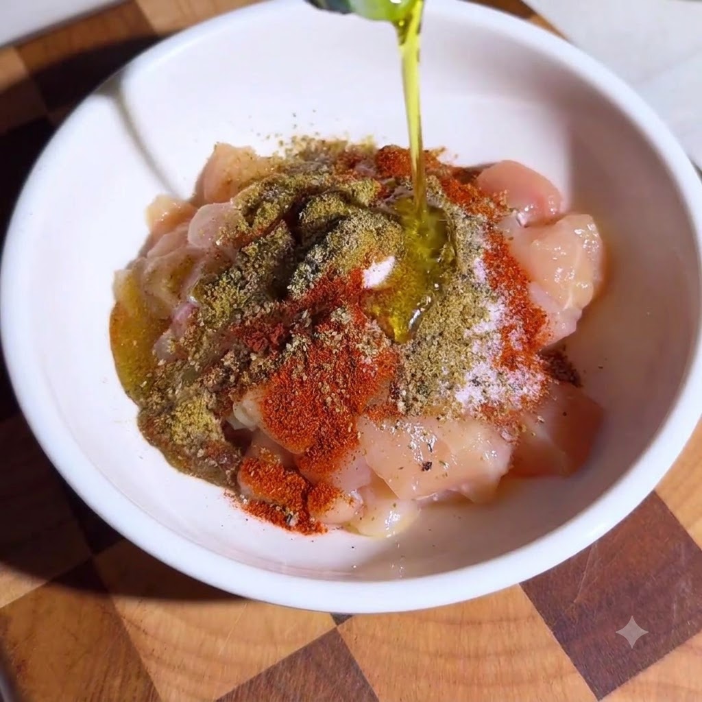 Un tazón lleno de trozos de pollo en cubos generosamente sazonados con especias mixtas y aceite de oliva.