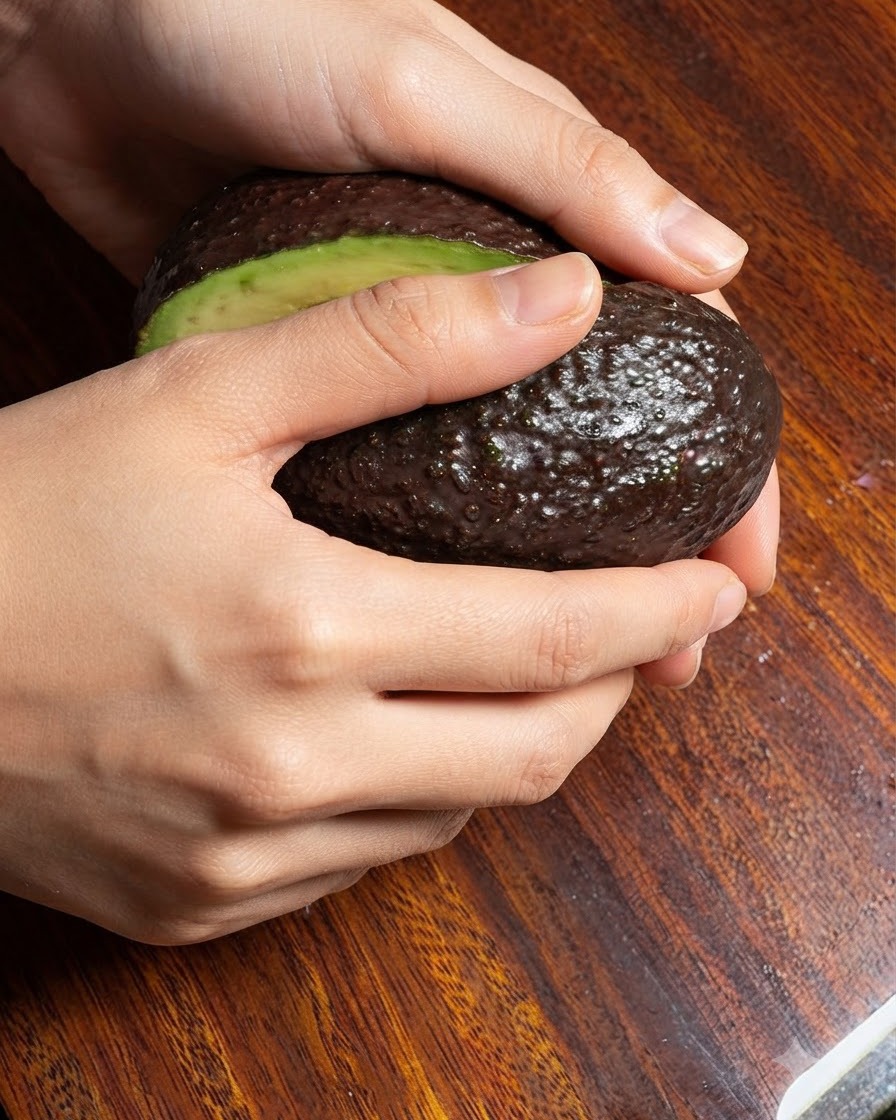 Manos sosteniendo un aguacate maduro que ha sido cortado por la mitad en una tabla de cortar de madera.