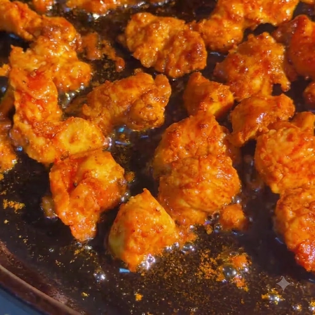 Trozos de pollo sazonados chisporroteando y cocinándose en una sartén caliente.