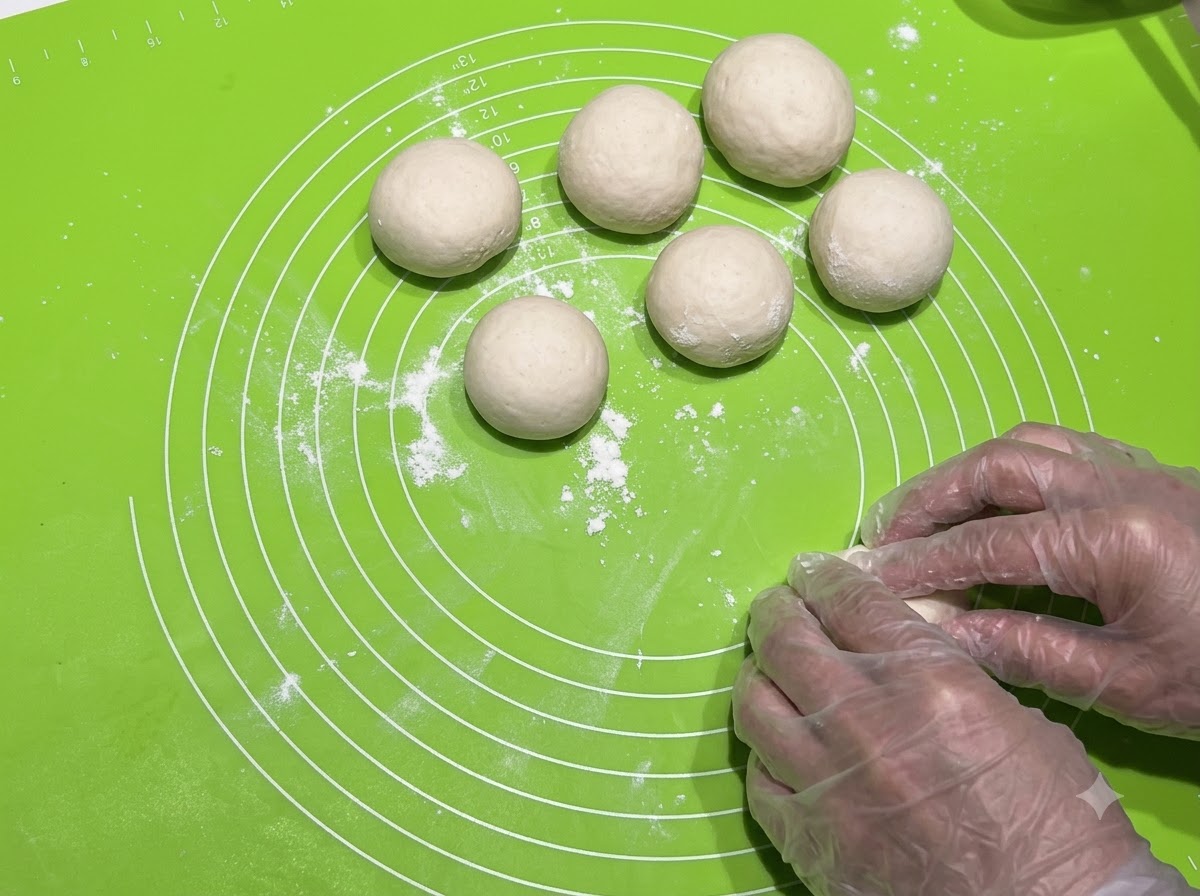 Pequeñas bolas de masa redondeadas dispuestas sobre una estera de silicona verde junto a una mano en reposo.
