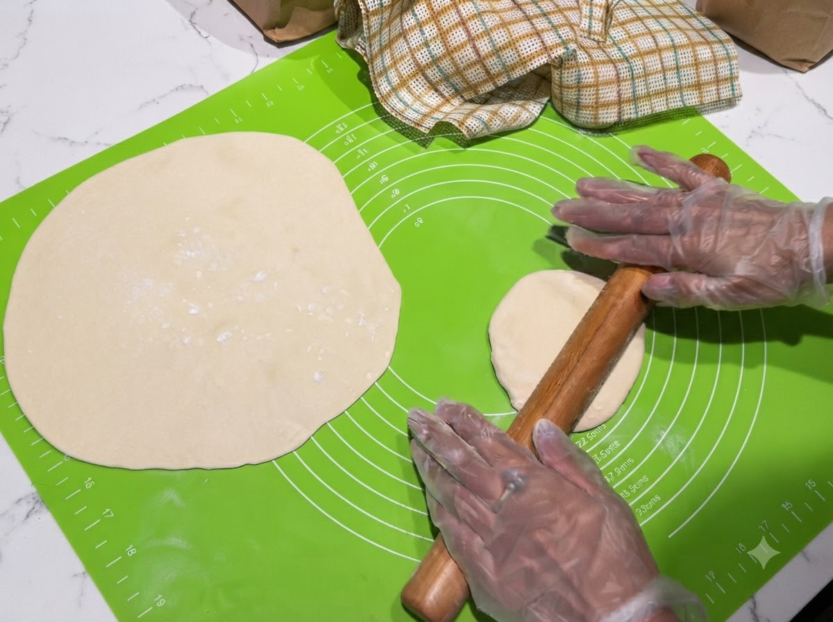 Un rodillo de madera aplanando una porción de masa sobre una estera de silicona verde junto a una tortilla ya estirada.