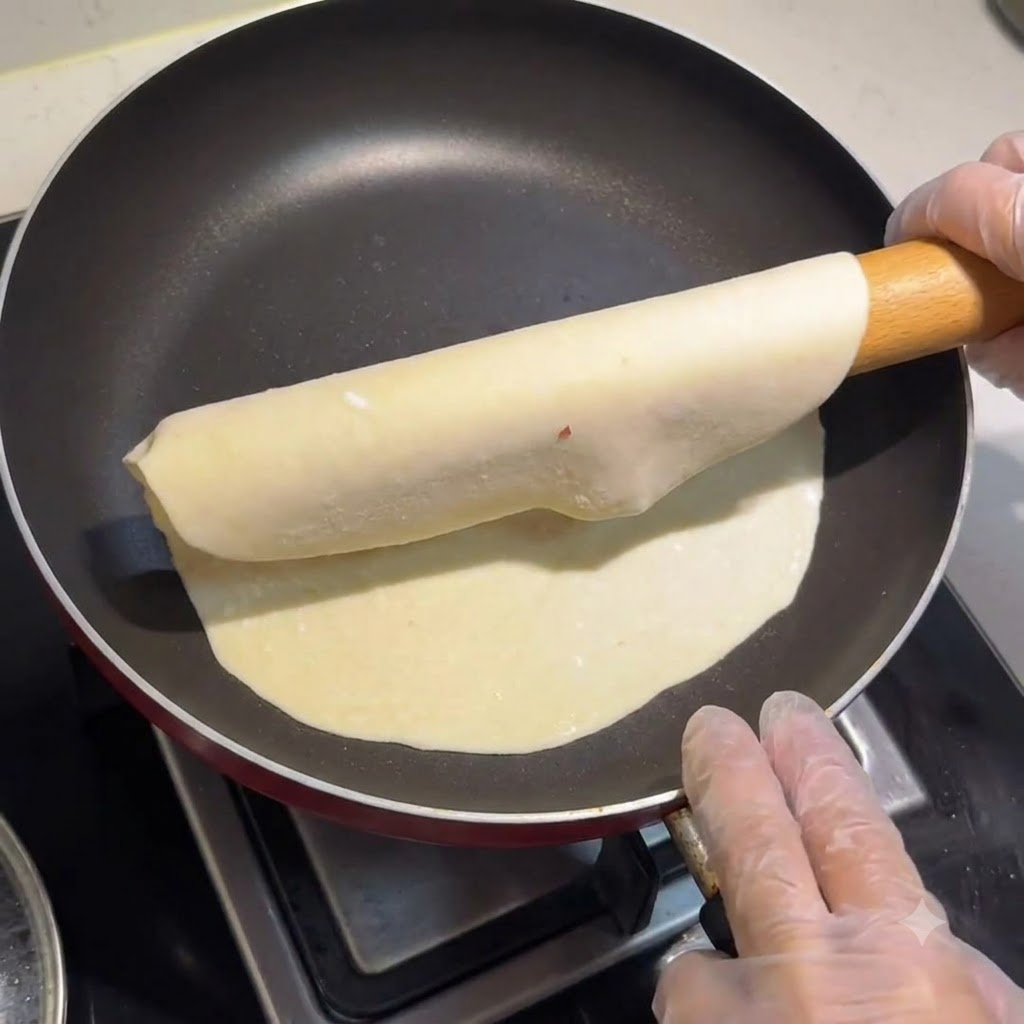 Una tortilla de masa estirada siendo transferida a una sartén seca y caliente usando un rodillo y manos con guantes.