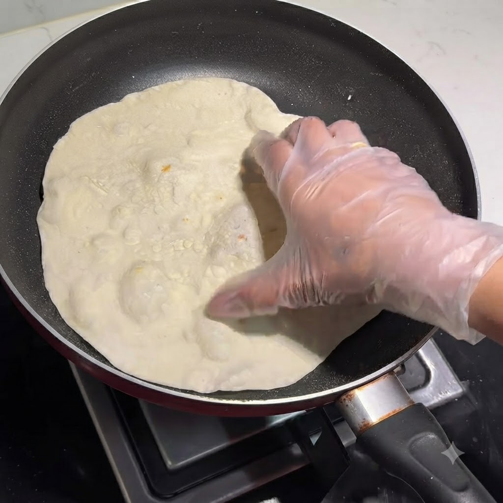 Una mano con guante presionando hacia abajo una tortilla inflada cocinándose en una sartén seca.