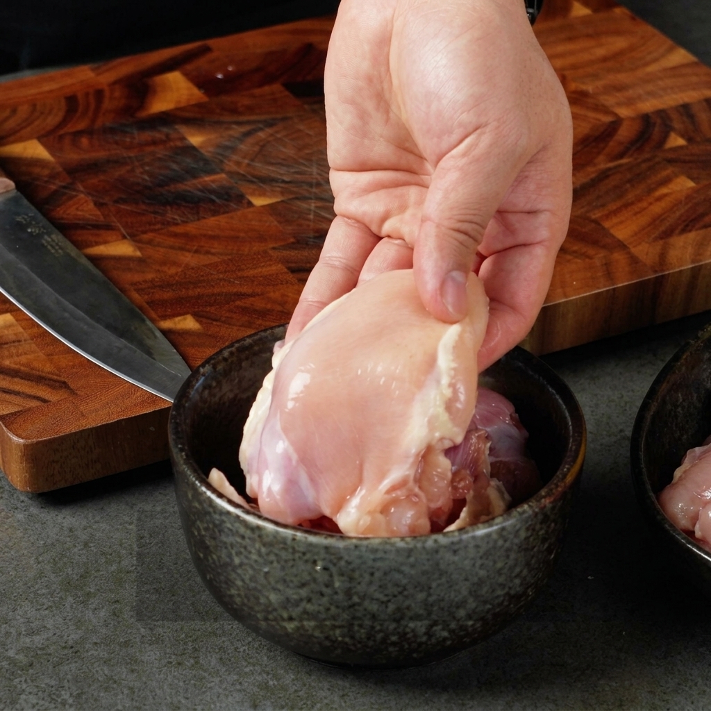 Un primer plano de una mano sosteniendo un muslo de pollo sin piel sobre un bol, con una tabla de cortar y un cuchillo al fondo.