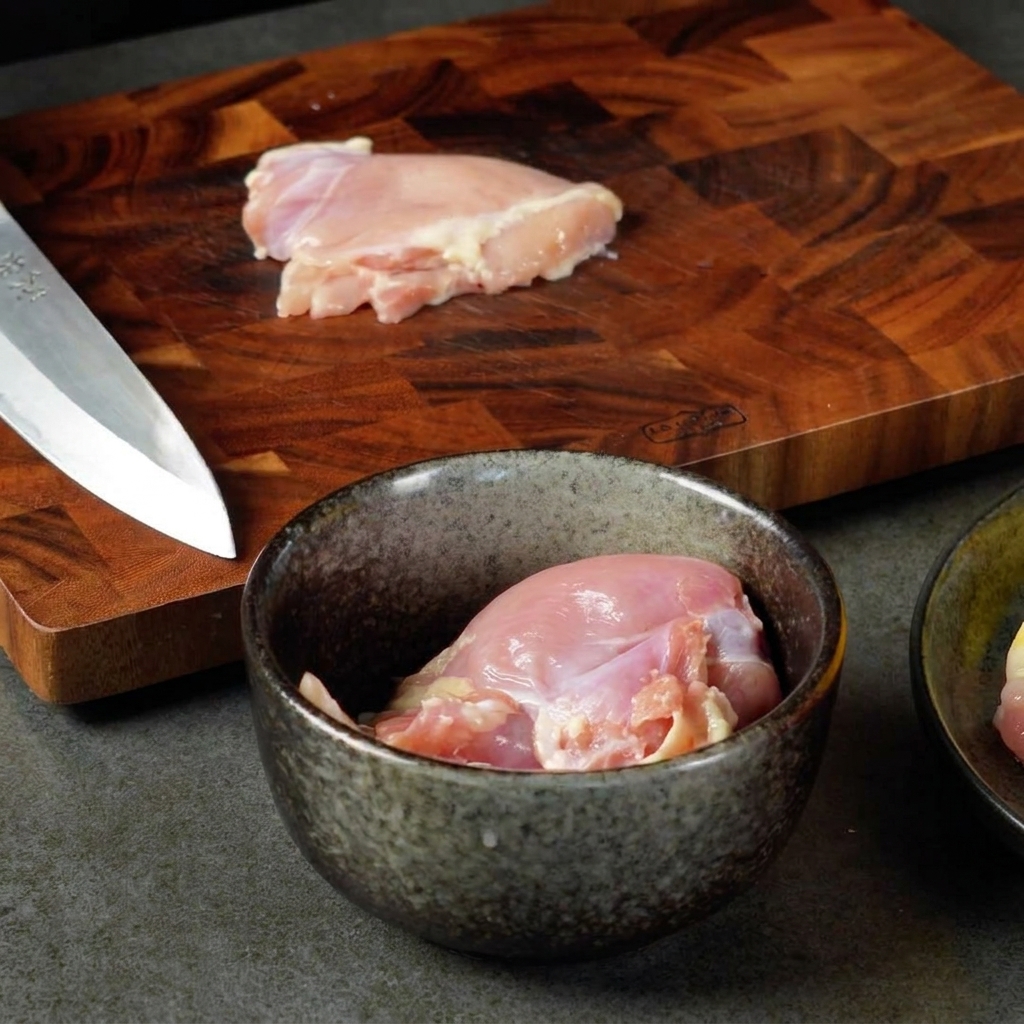 Un cuchillo cortando un trozo de muslo de pollo crudo en una tabla de cortar de madera junto a un bol con trozos de pollo.