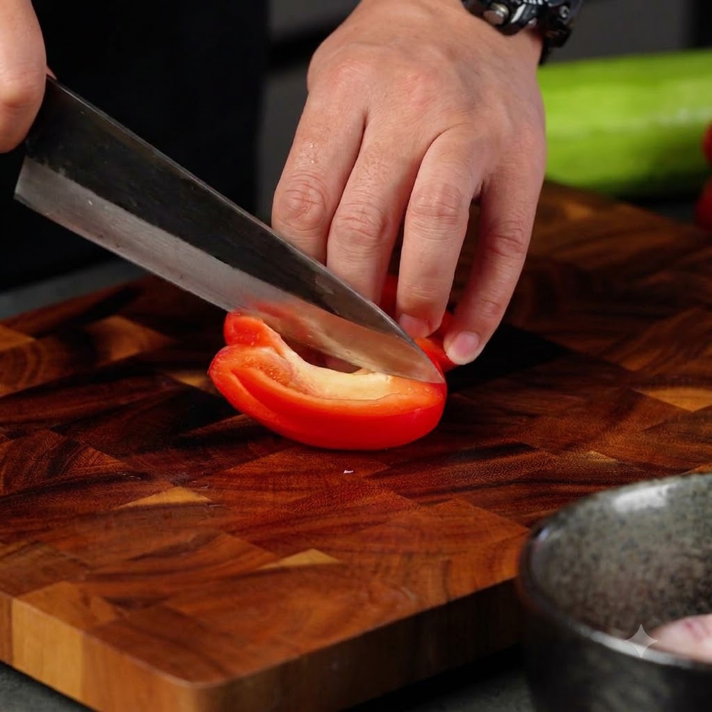 Un cuchillo cortando un pimiento rojo en una tabla de cortar de madera.