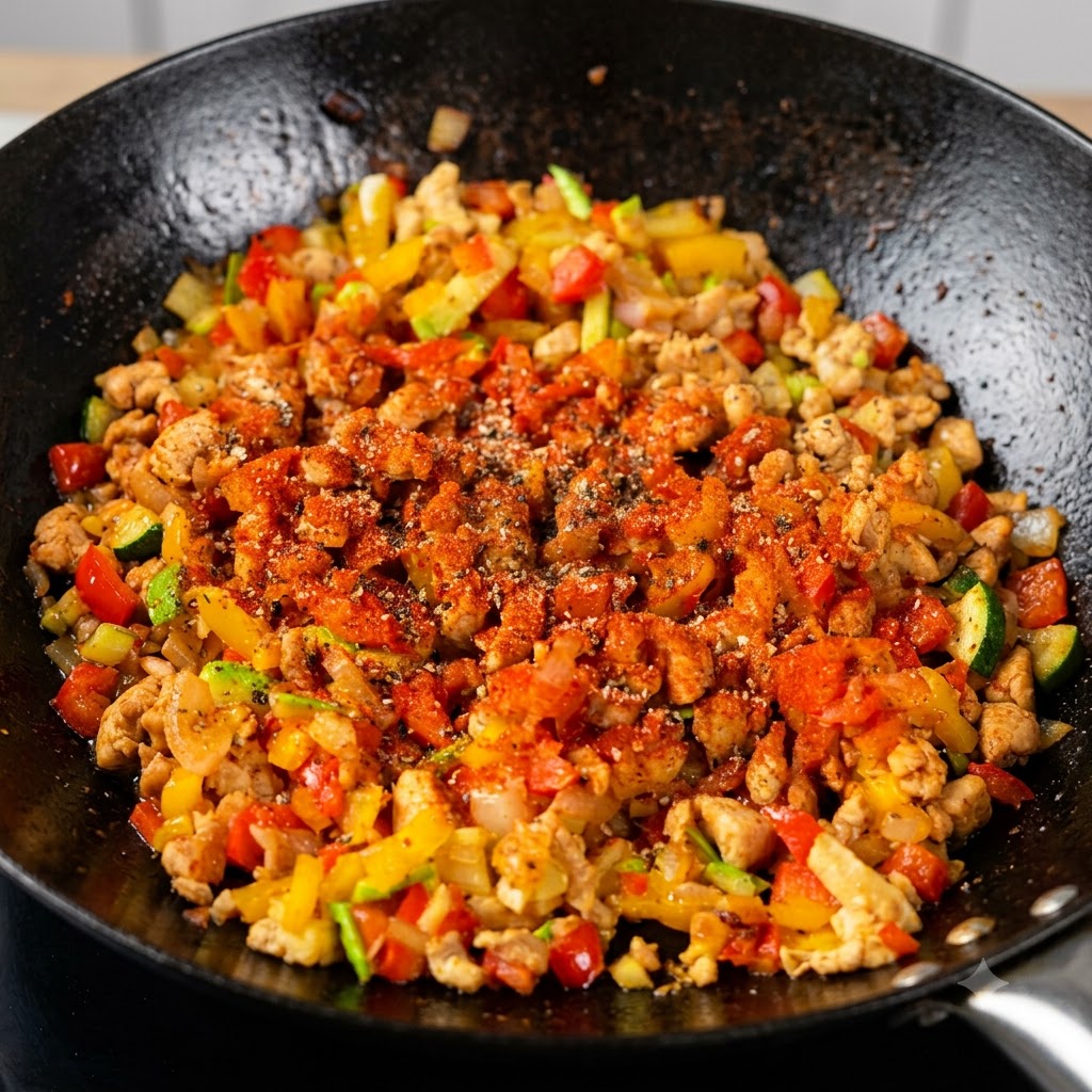 Sal marina y pimienta negra espolvoreadas sobre la mezcla de pollo y verduras salteadas sazonadas.