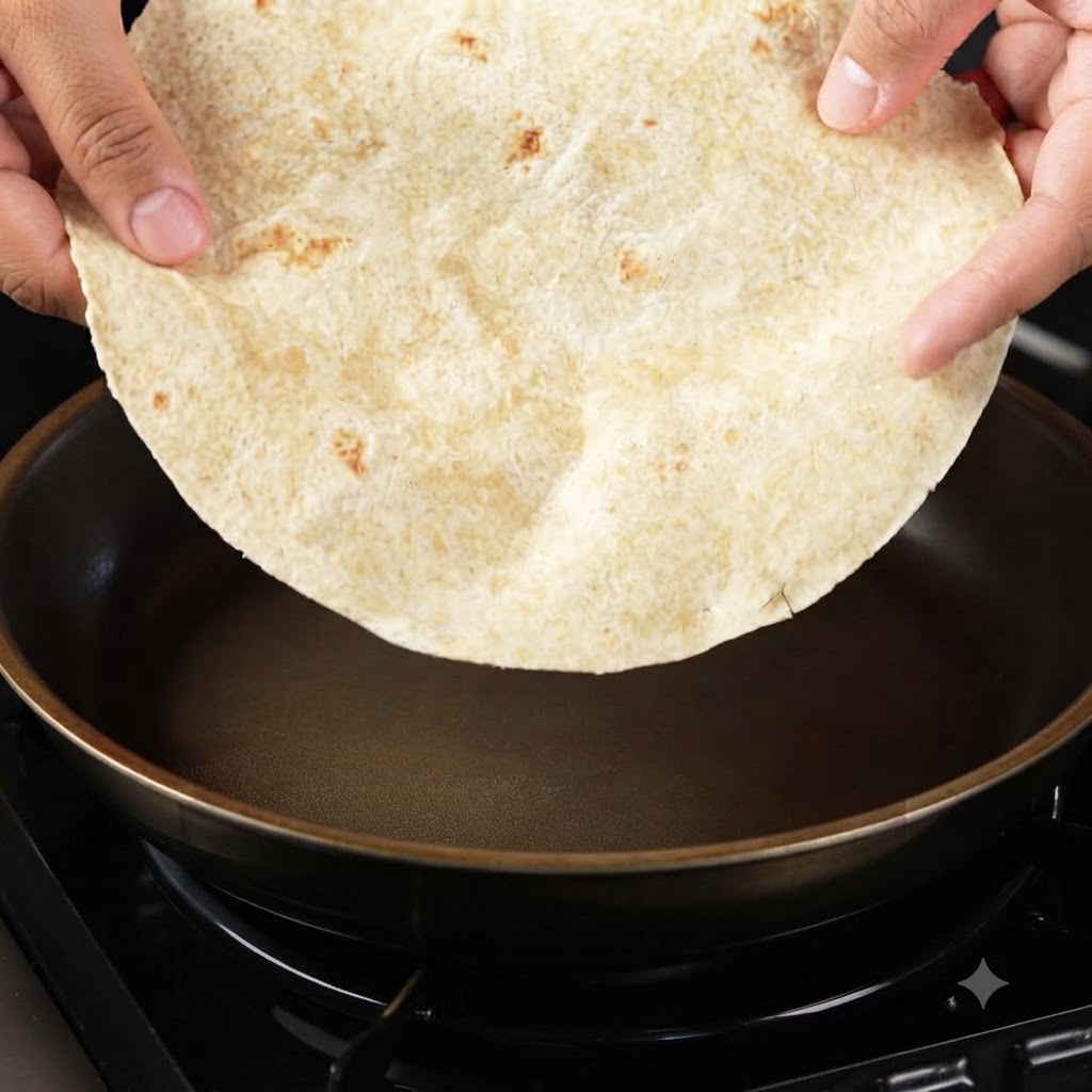 Una tortilla integral siendo sostenida y colocada en una sartén antiadherente seca.