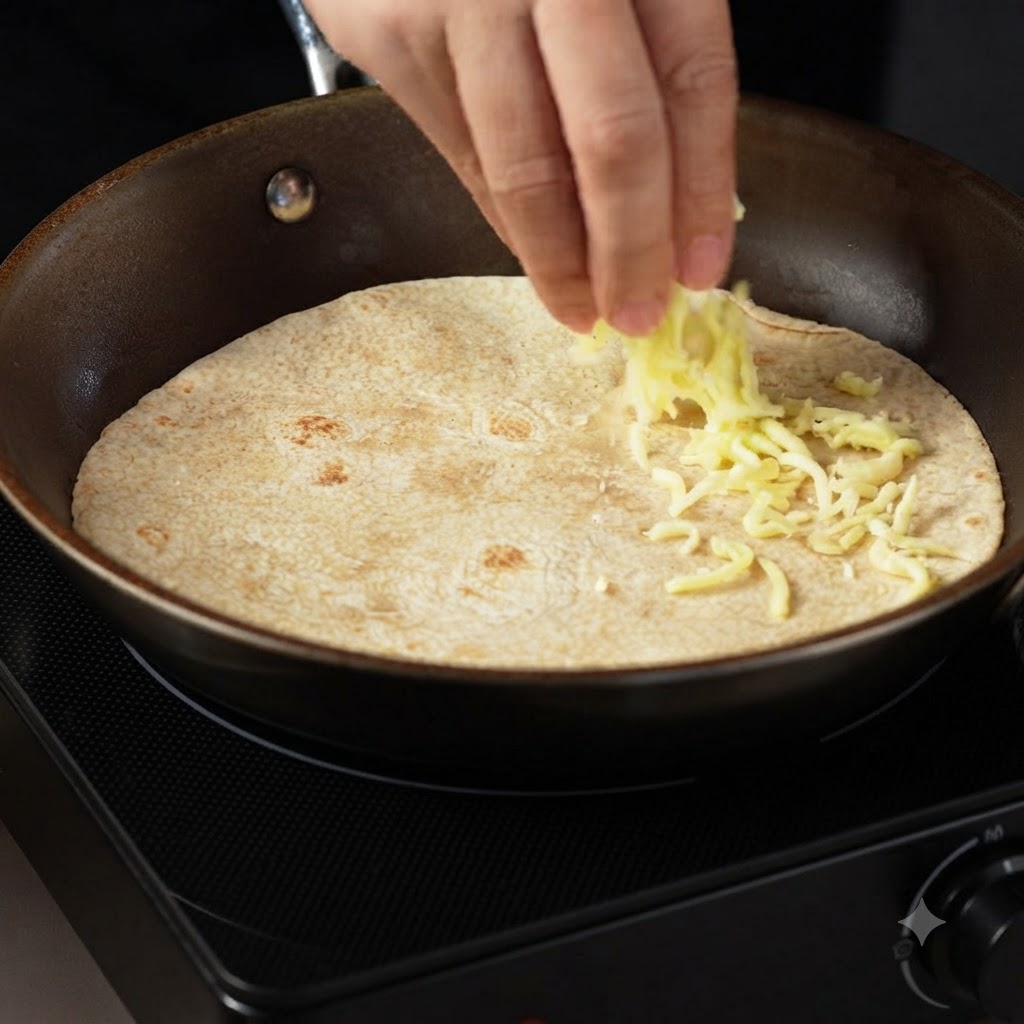 Queso mozzarella rallado siendo esparcido en una mitad de la tortilla en una sartén.