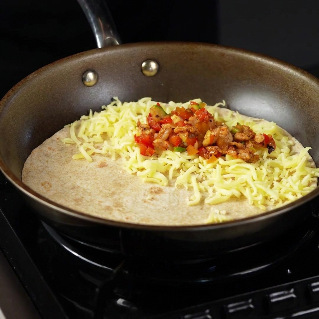 Relleno cocinado de pollo y verduras siendo colocado con cuchara sobre la capa de queso rallado en la tortilla.
