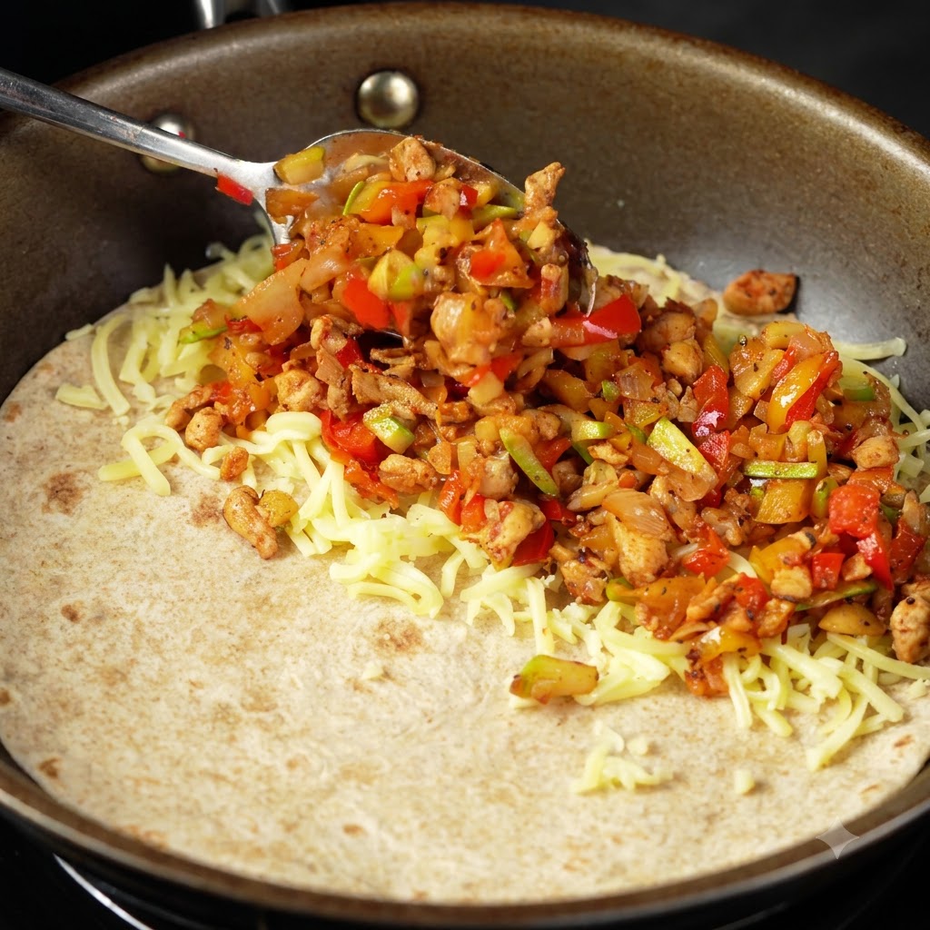 Queso mozzarella rallado siendo espolvoreado generosamente sobre el relleno de pollo y verduras cocinado en una sartén.